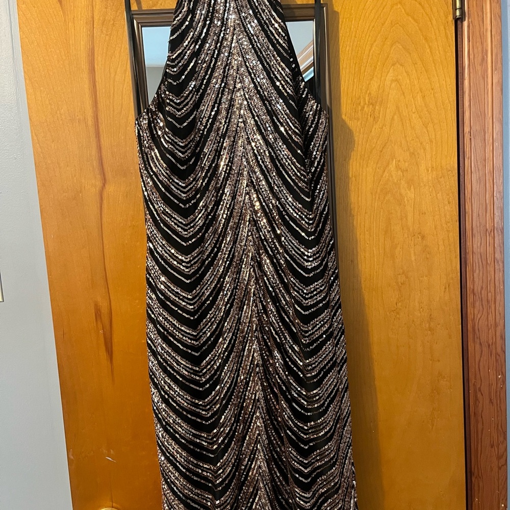 Black and Gold Sequin Halter Cocktail Dress